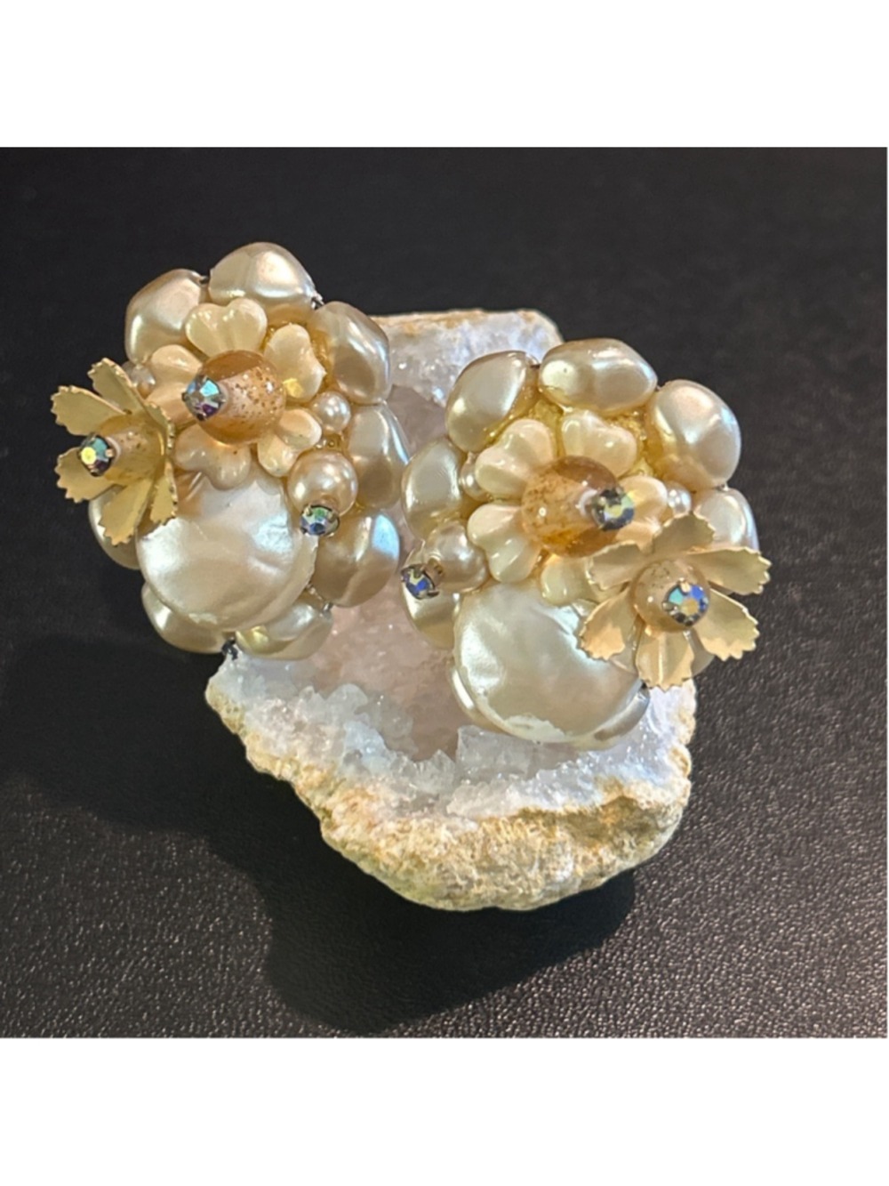 Women's vintage faux Pearl Flower and Aurora Borealis Clip-On Earrings